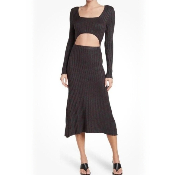 AFRM Skye Rib Knit Cut-Out Marled Midi Sweater Dress in Pine Green, Size Medium - Picture 1 of 11